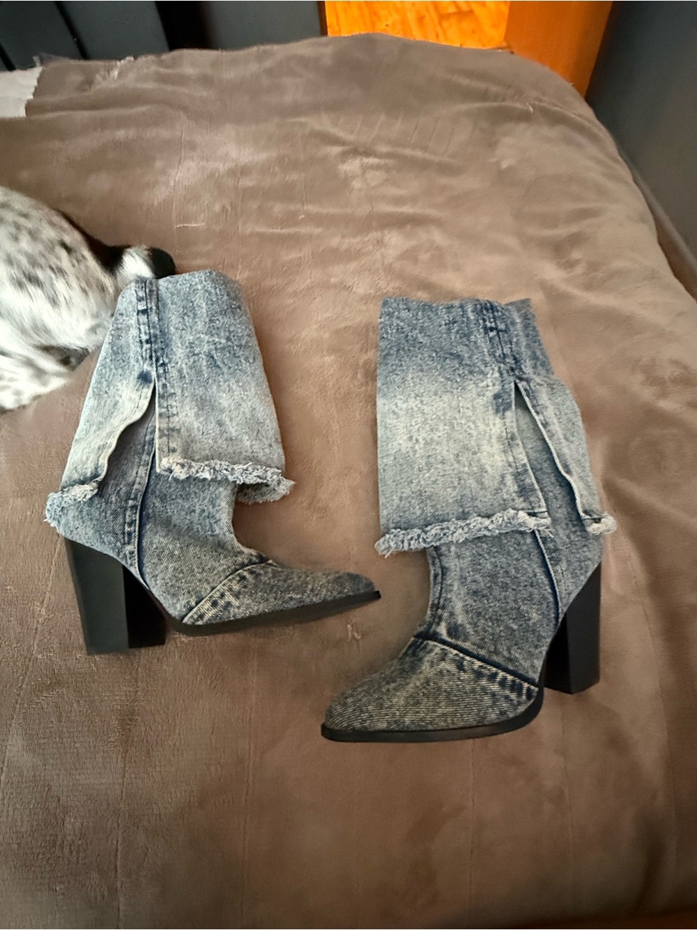 Denim Fold-Over Block Heel Boots - Women